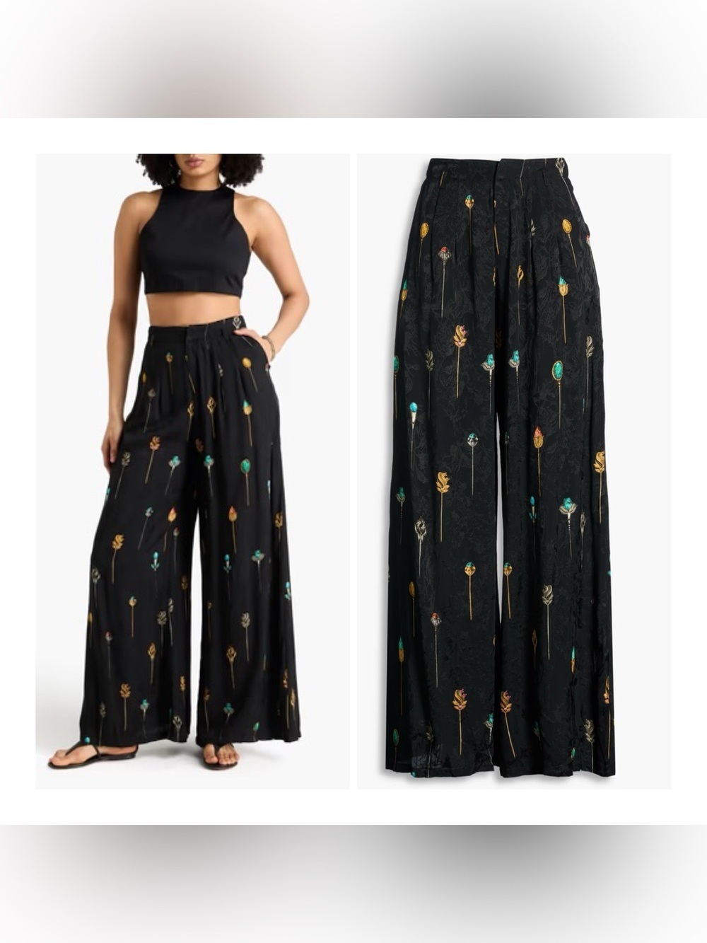 Agua Bendita Black Embroidered Floral Jacquard Pants with Gold and Turquoise NWT